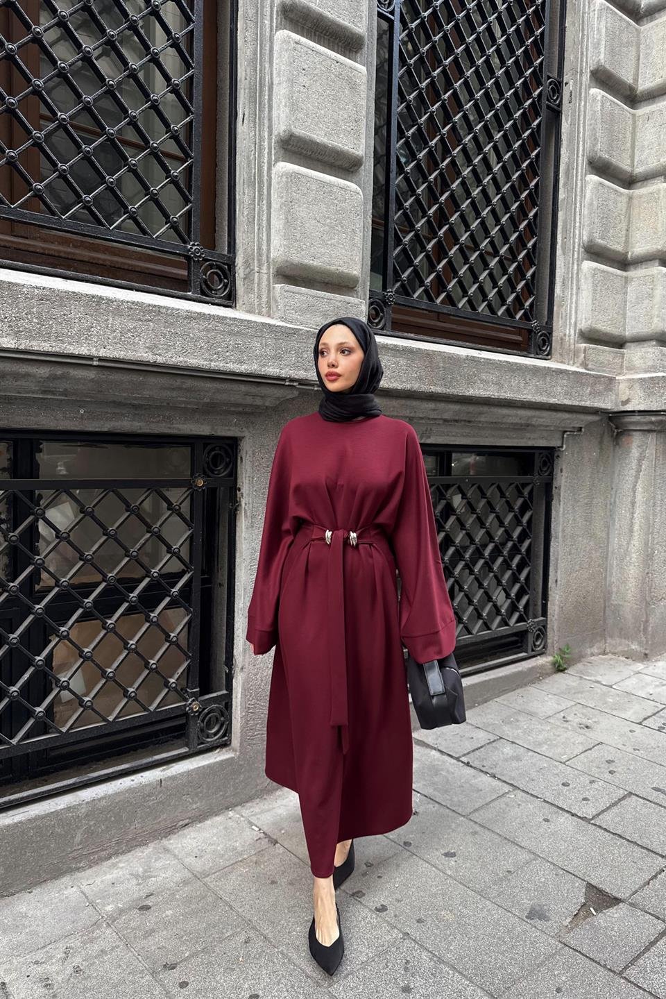 Accessorized Waist-Tied Dress - Burgundy