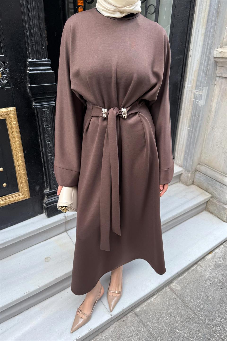 Accessorized Waist-Tied Dress - Brown