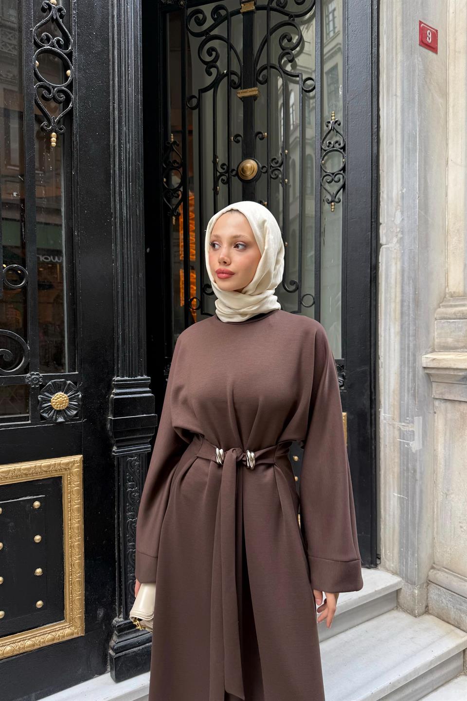 Accessorized Waist-Tied Dress - Brown