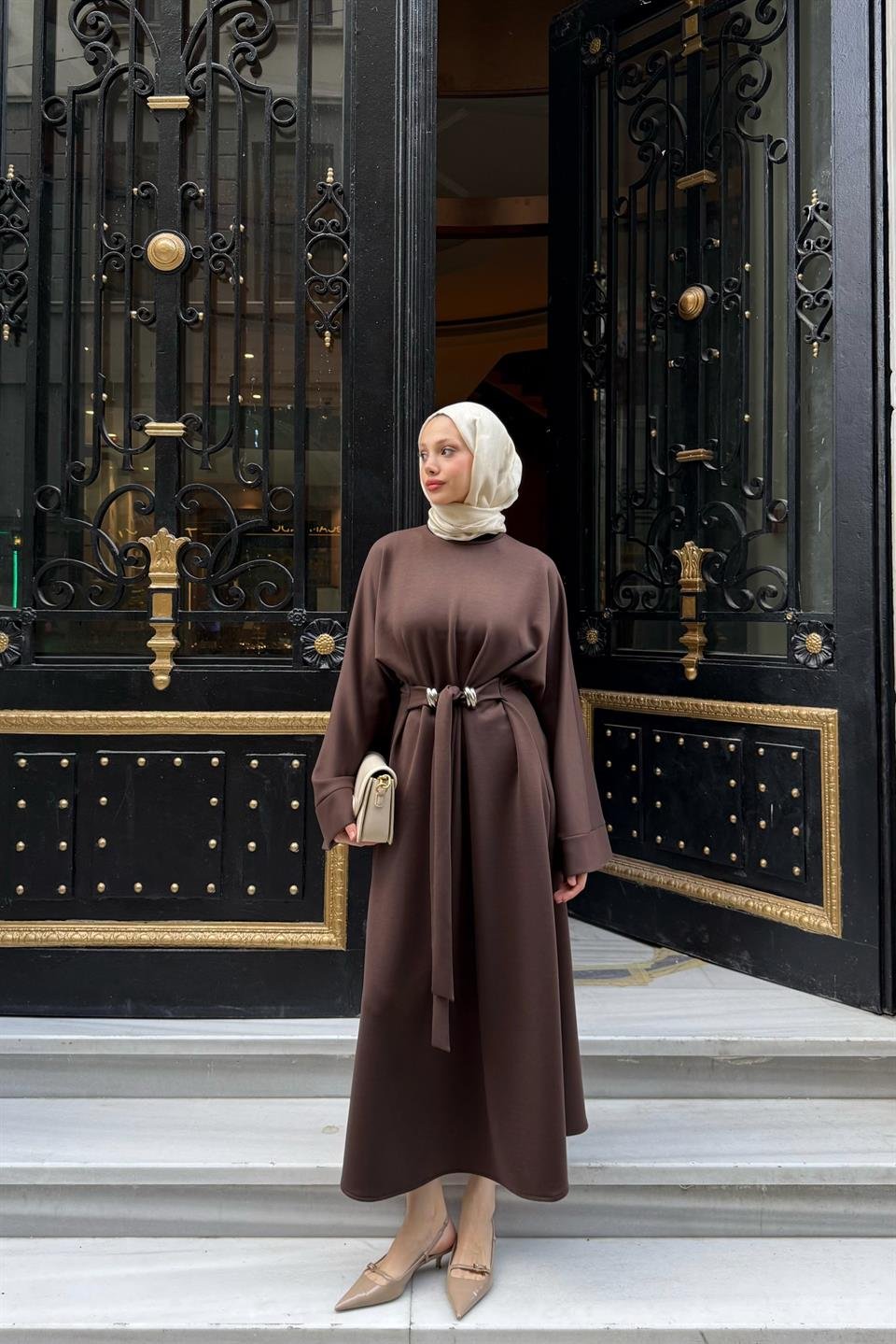 Accessorized Waist-Tied Dress - Brown