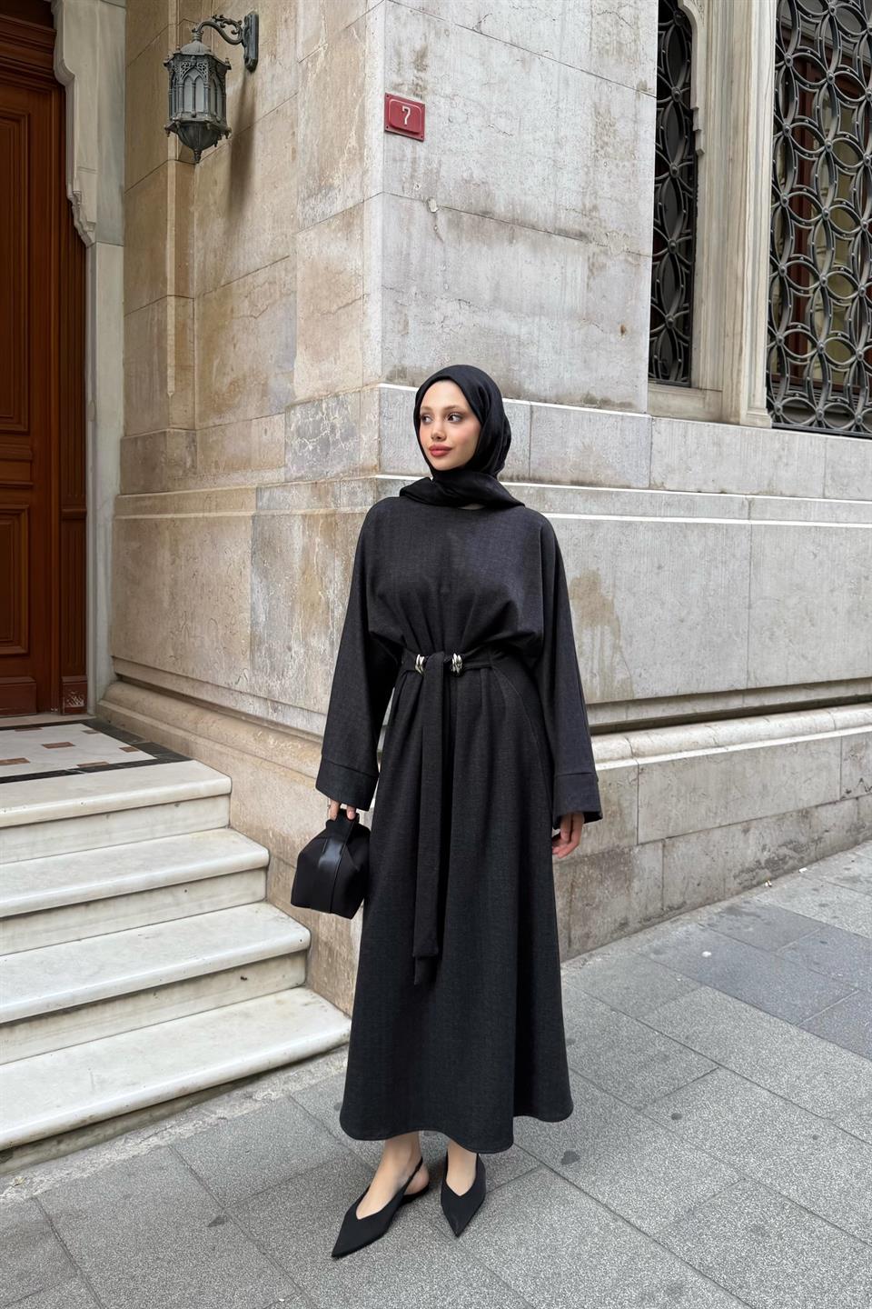 Accessorized Waist-Tied Dress - Black