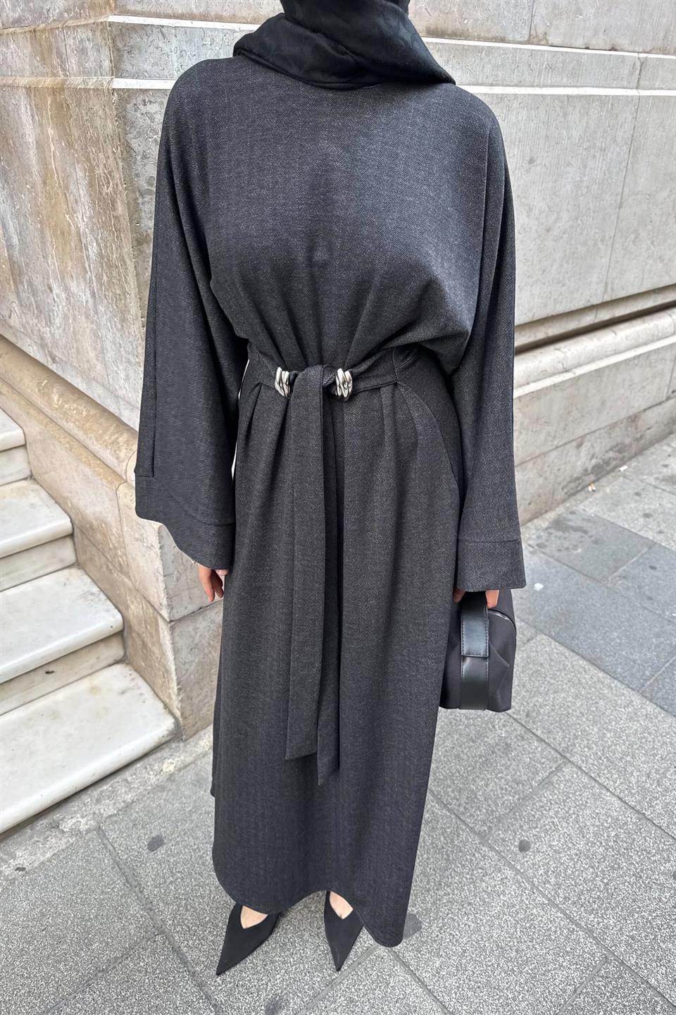 Accessorized Waist-Tied Dress - Black