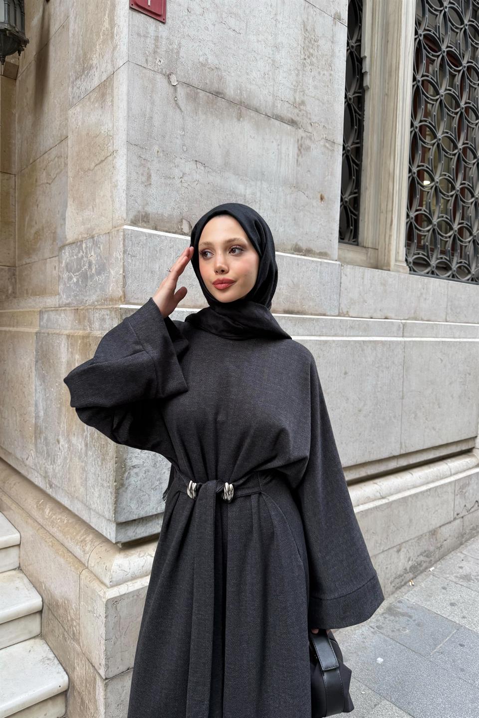 Accessorized Waist-Tied Dress - Black