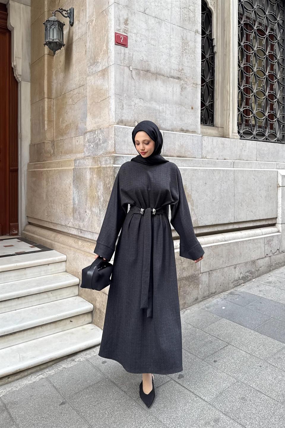 Accessorized Waist-Tied Dress - Black