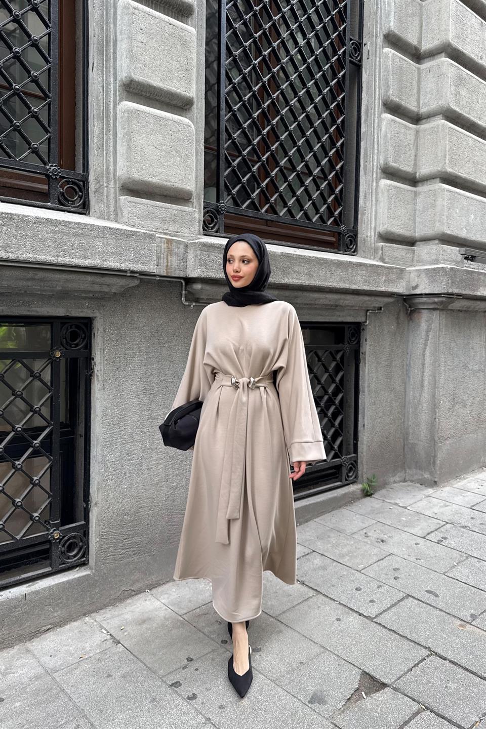 Accessorized Waist-Tied Dress - Stone