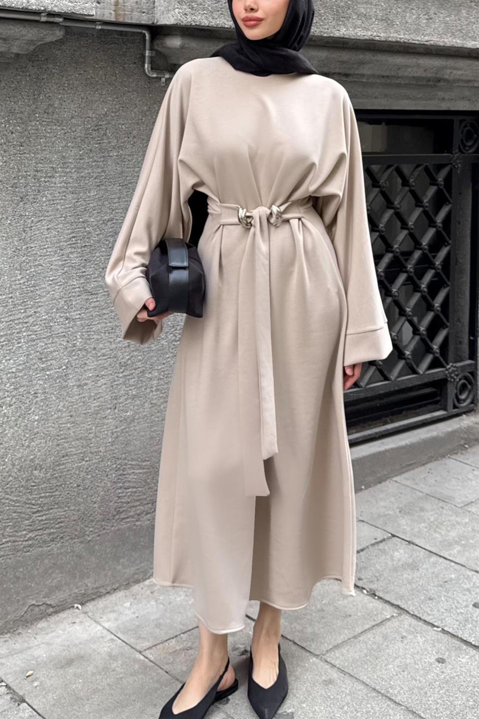 Accessorized Waist-Tied Dress - Stone