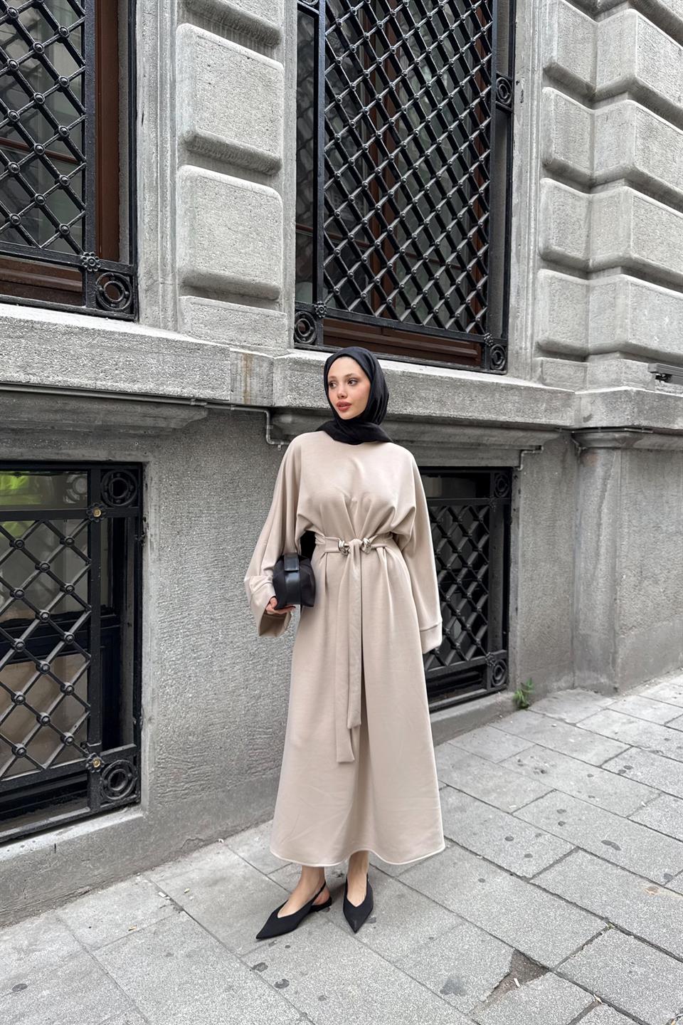 Accessorized Waist-Tied Dress - Stone