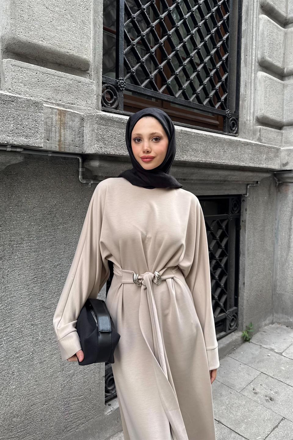 Accessorized Waist-Tied Dress - Stone