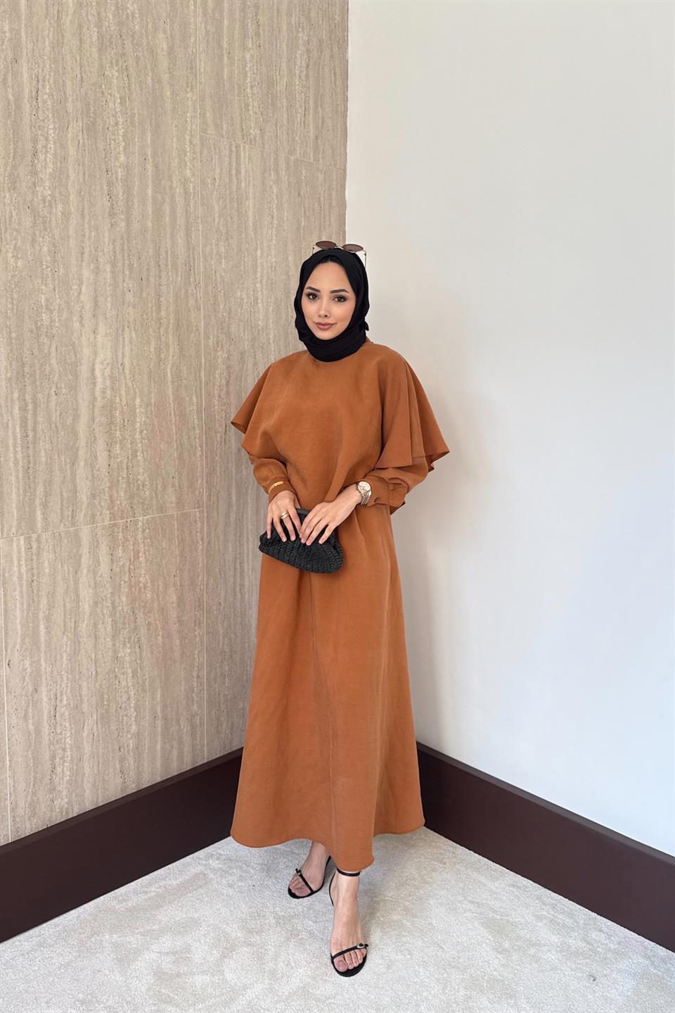 Aller Pelerinli Modal Elbise - Kiremit