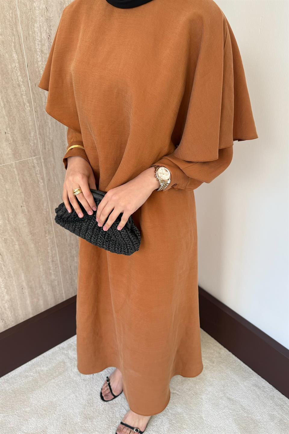 Aller Pelerinli Modal Elbise - Kiremit