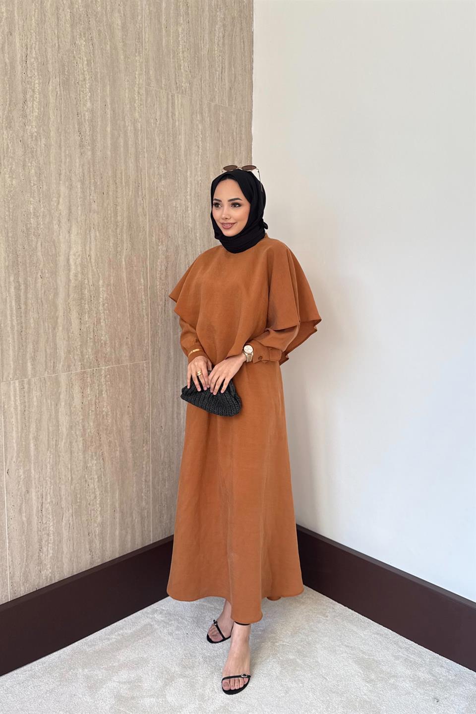 Aller Pelerinli Modal Elbise - Kiremit