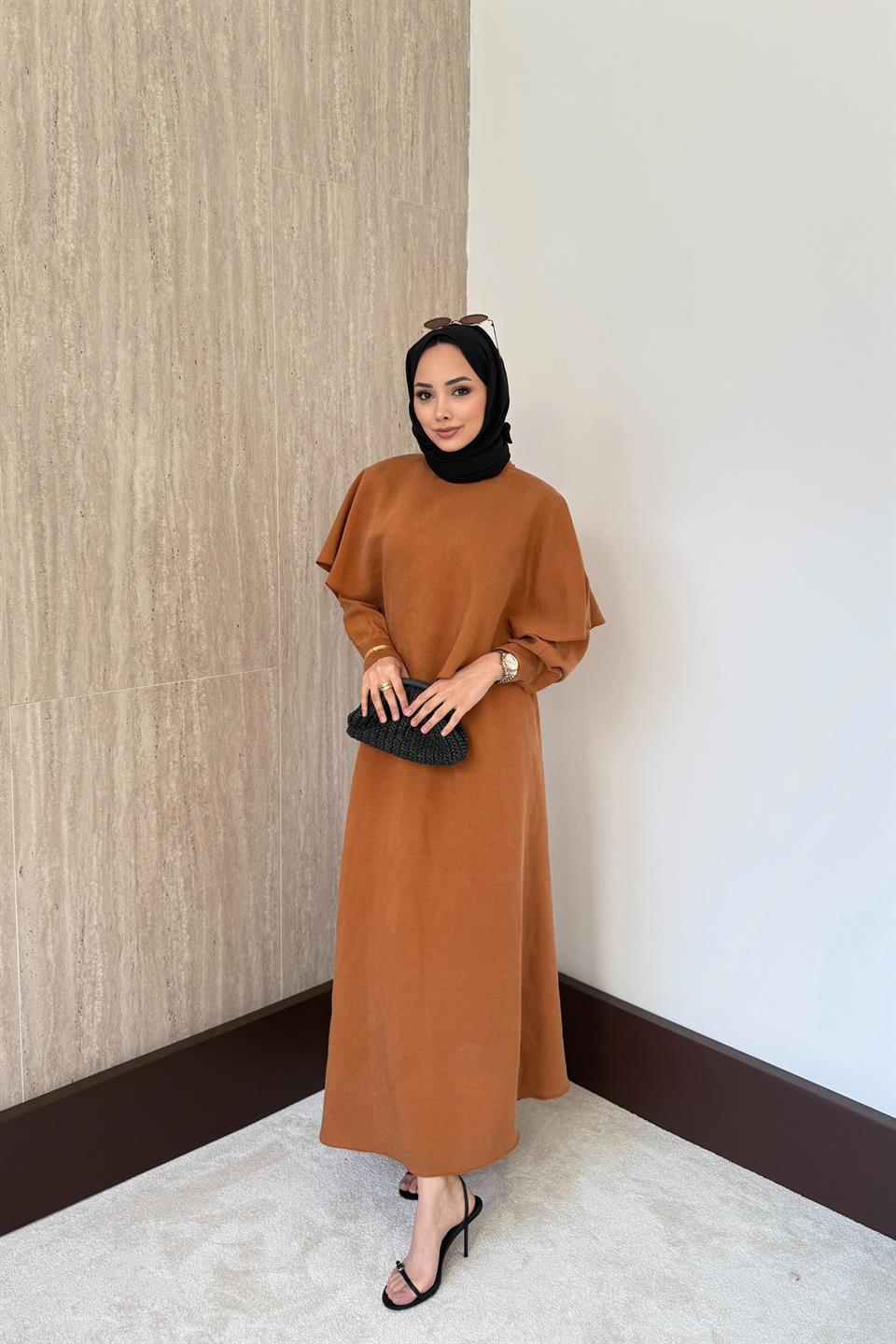 Aller Pelerinli Modal Elbise - Kiremit