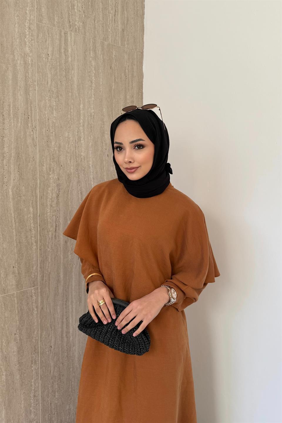 Aller Pelerinli Modal Elbise - Kiremit