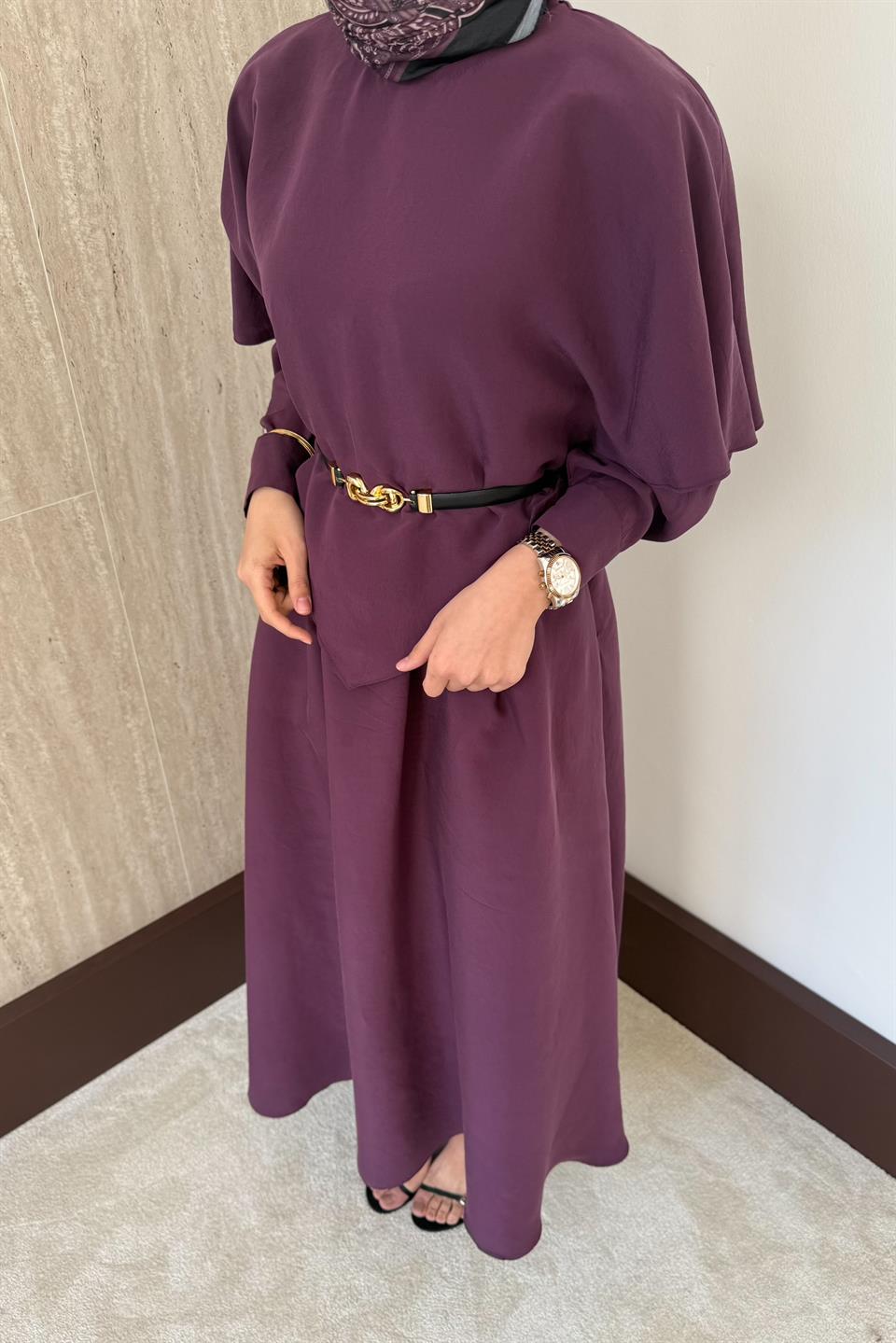 Aller Pelerinli Modal Elbise - Mor