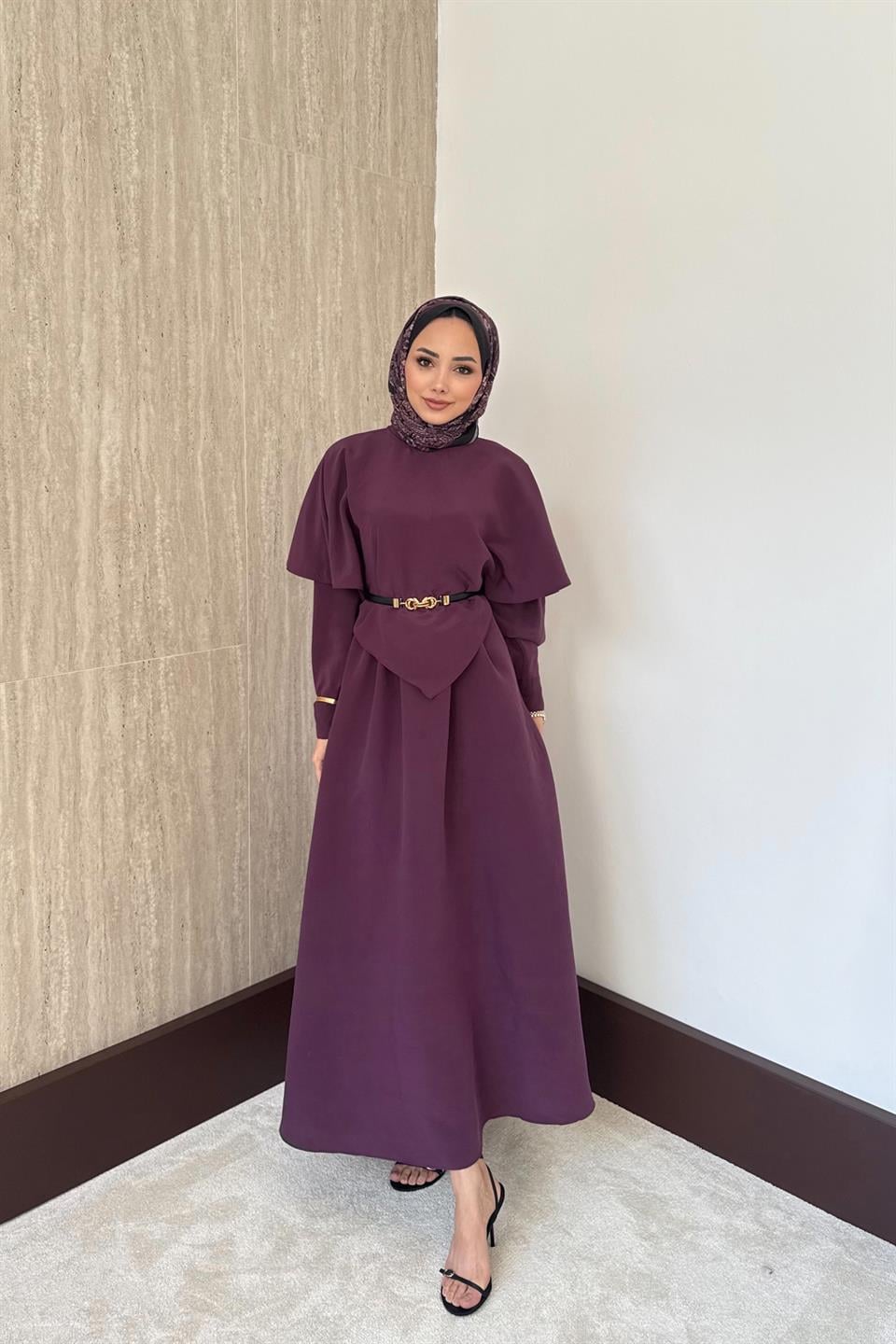 Aller Pelerinli Modal Elbise - Mor