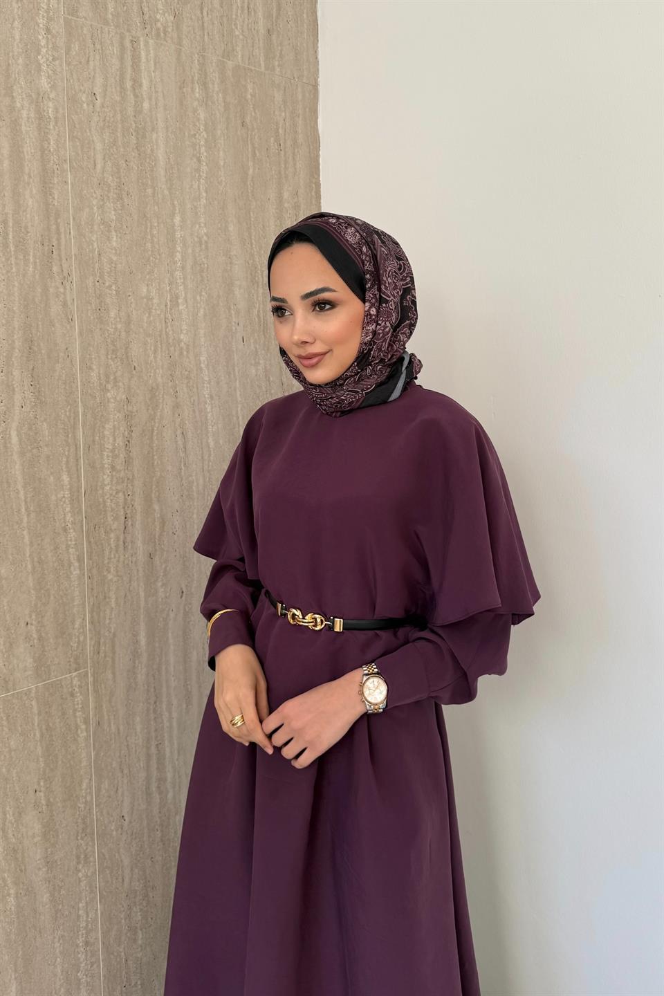 Aller Pelerinli Modal Elbise - Mor