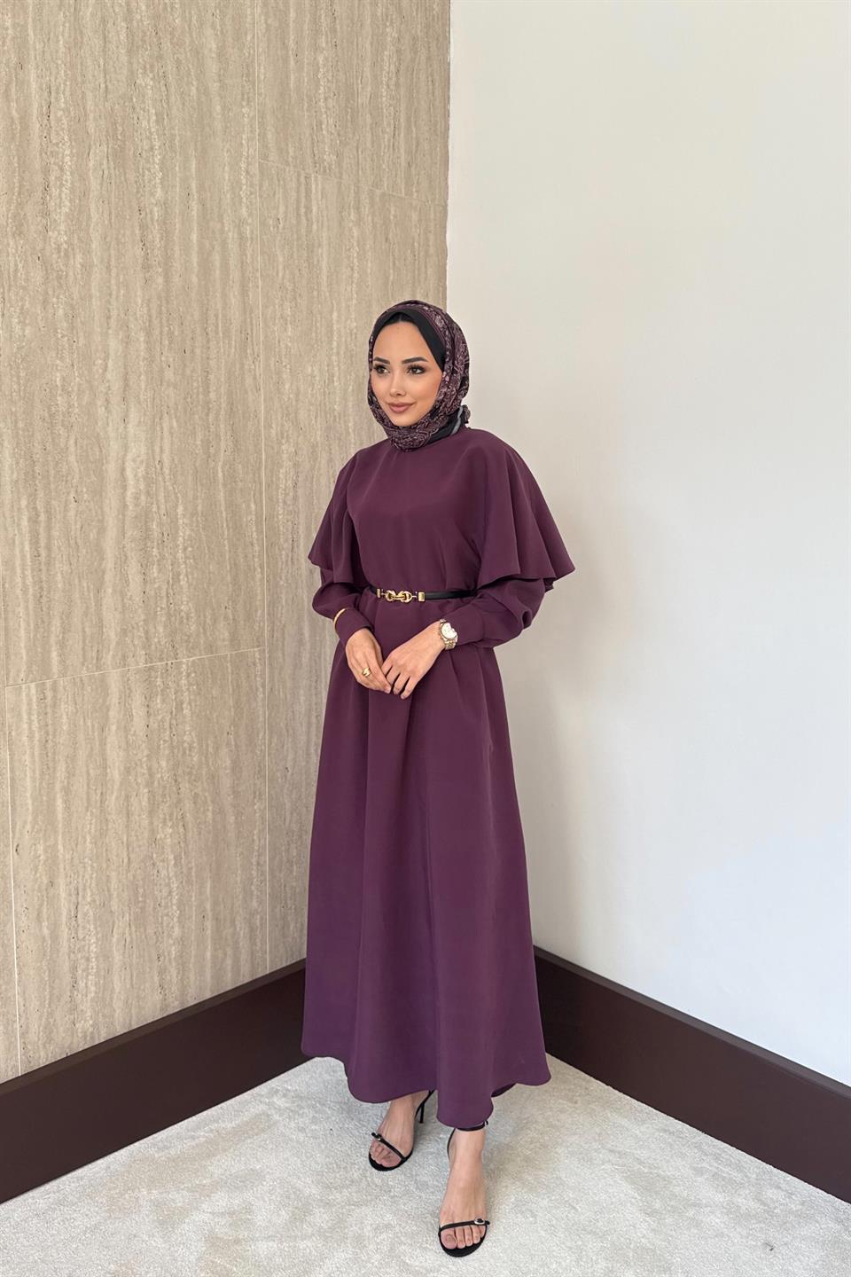 Aller Pelerinli Modal Elbise - Mor