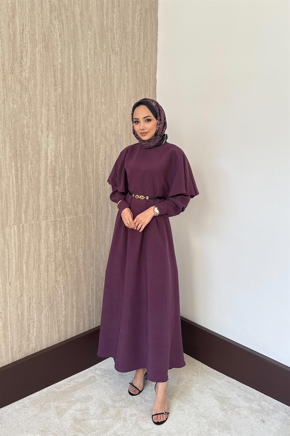 Aller Pelerinli Modal Elbise - Mor