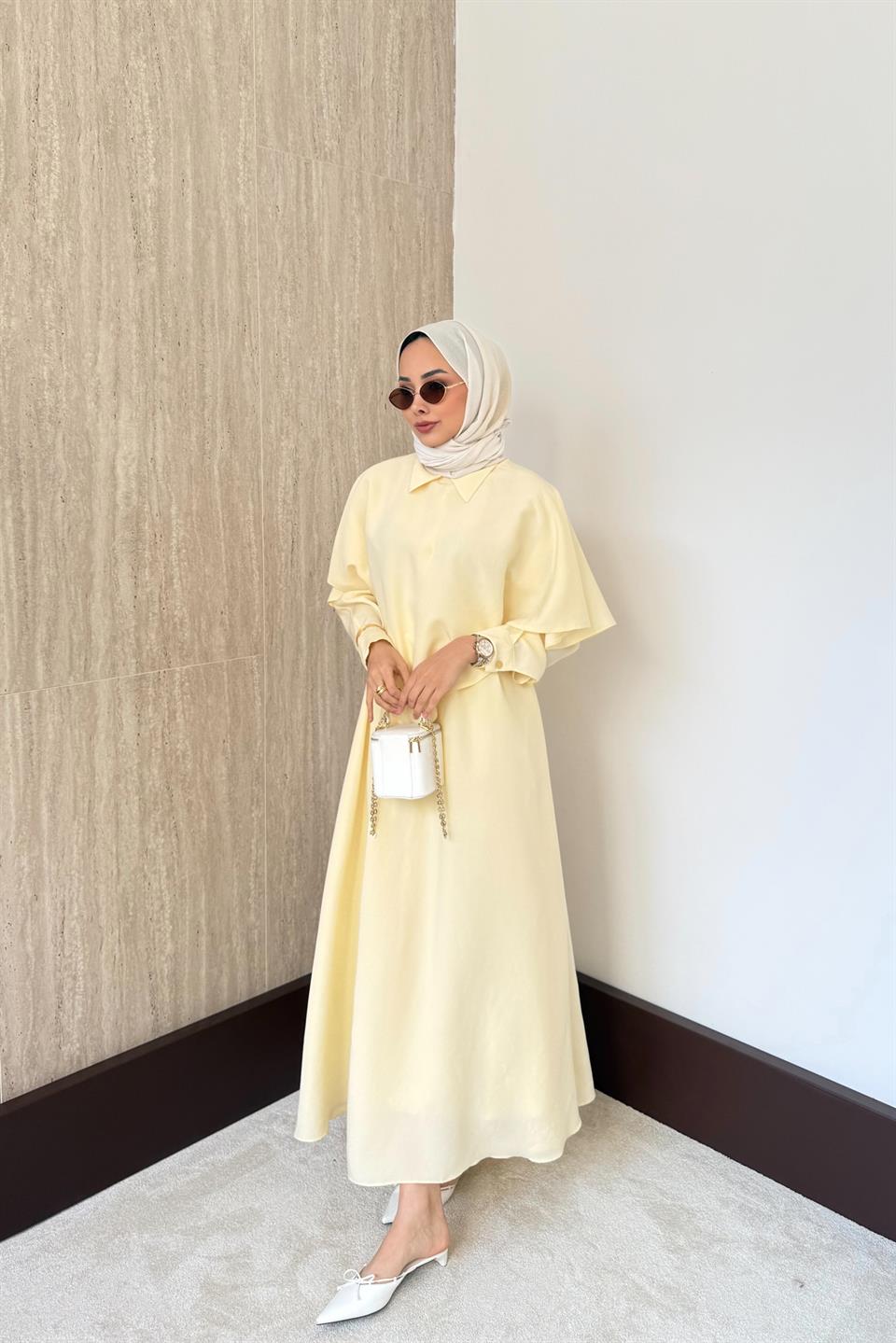 Aller Pelerinli Modal Elbise - Sarı