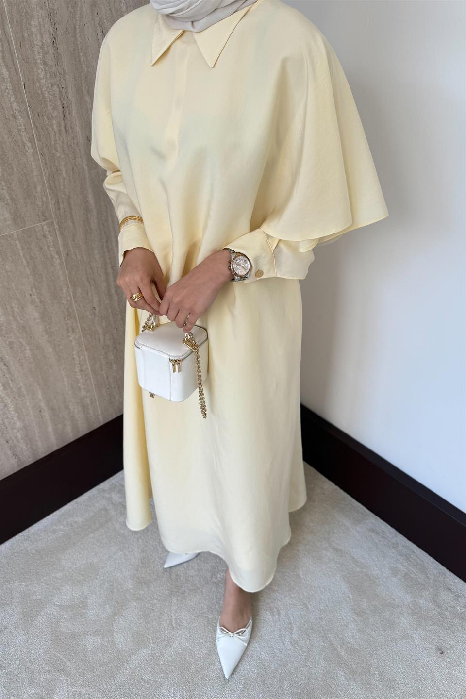 Aller Pelerinli Modal Elbise - Sarı