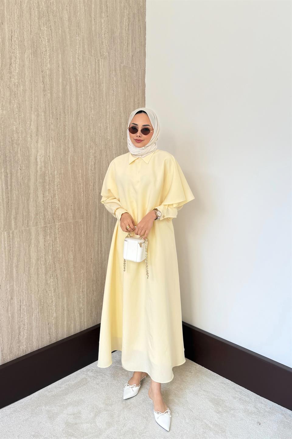Aller Pelerinli Modal Elbise - Sarı