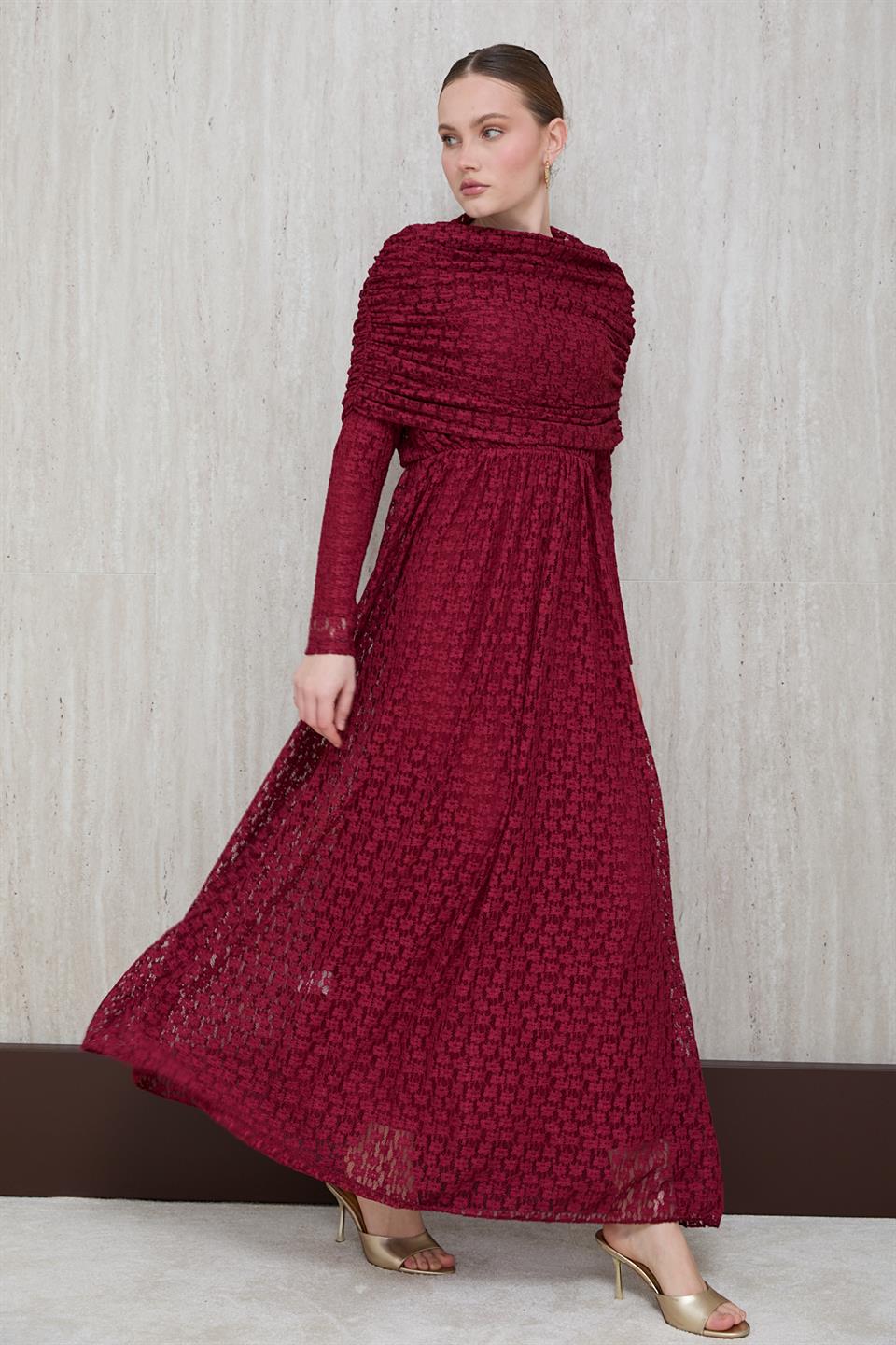 Aller Yakalı Dantel Elbise - Bordo