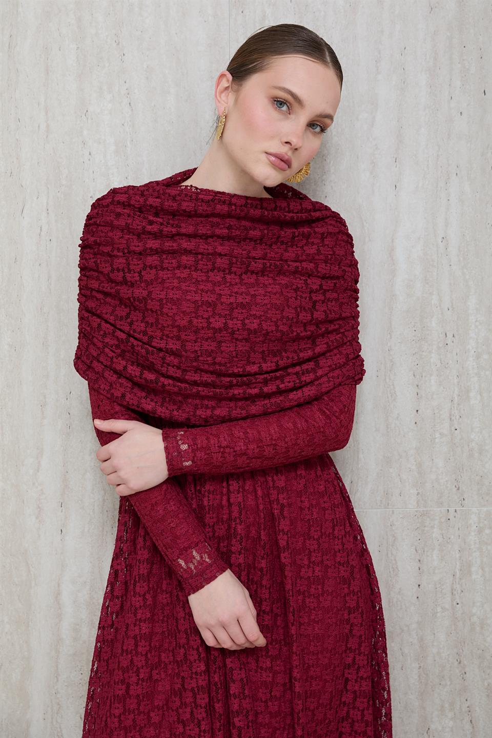 Aller Yakalı Dantel Elbise - Bordo
