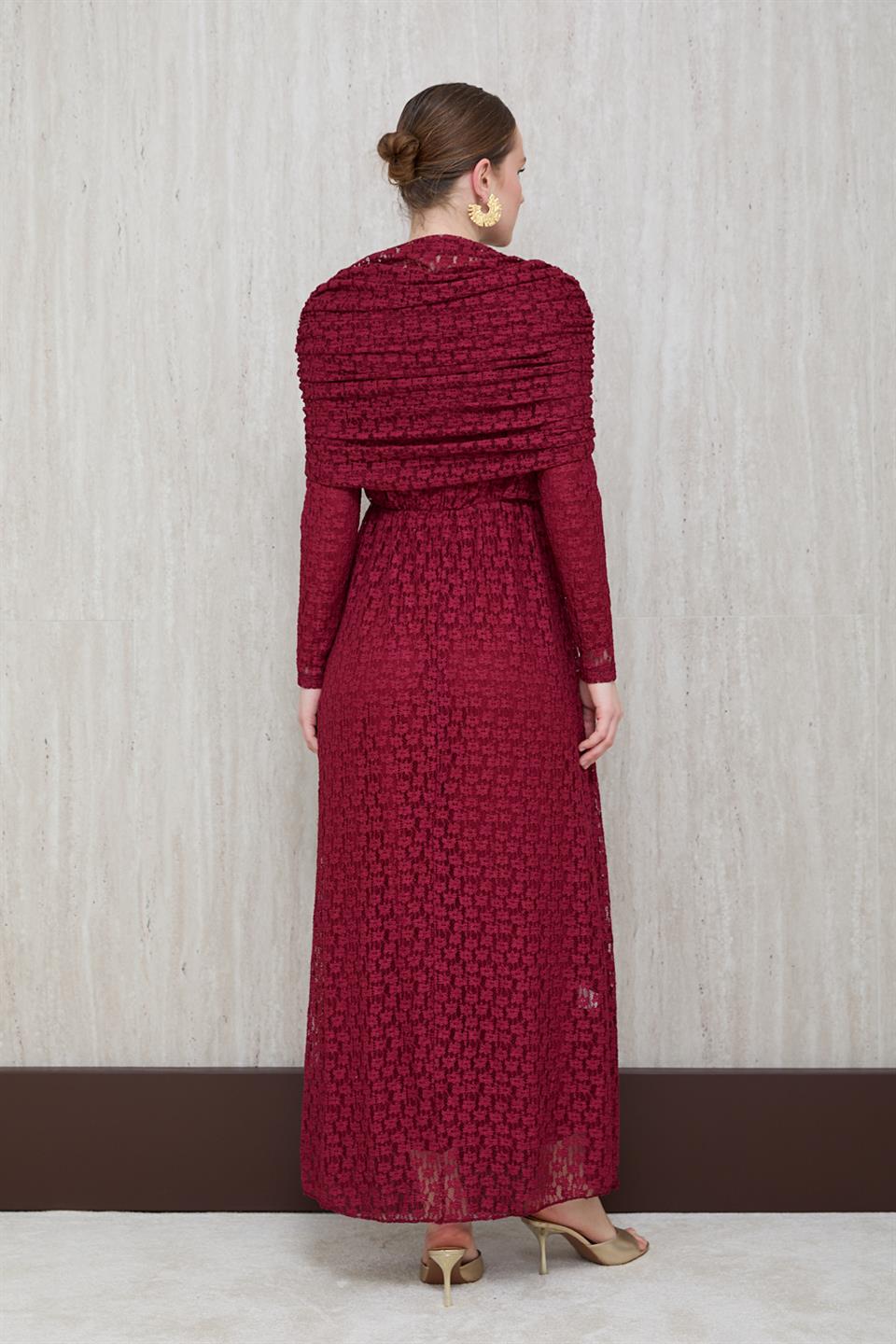 Aller Yakalı Dantel Elbise - Bordo