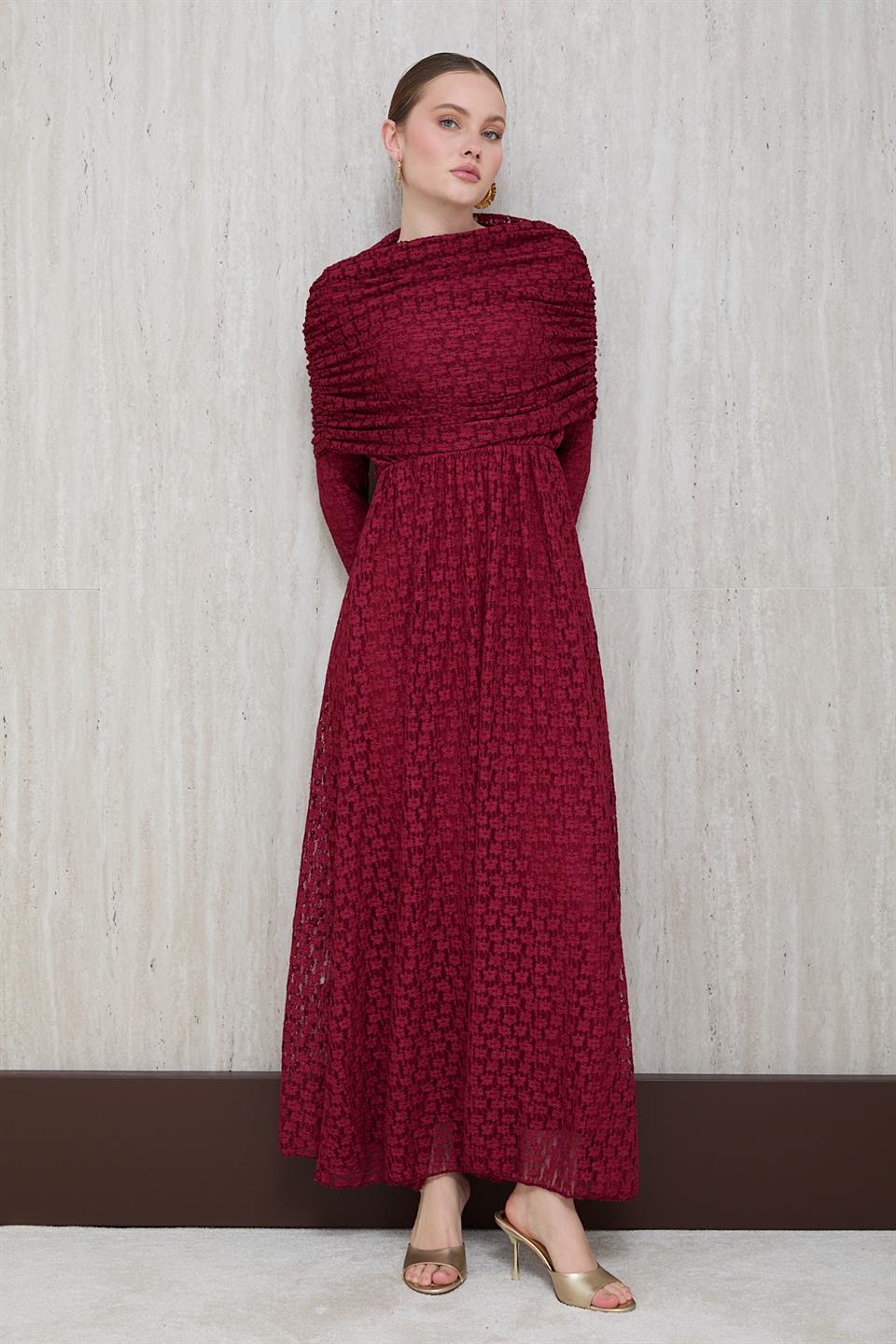 Aller Yakalı Dantel Elbise - Bordo