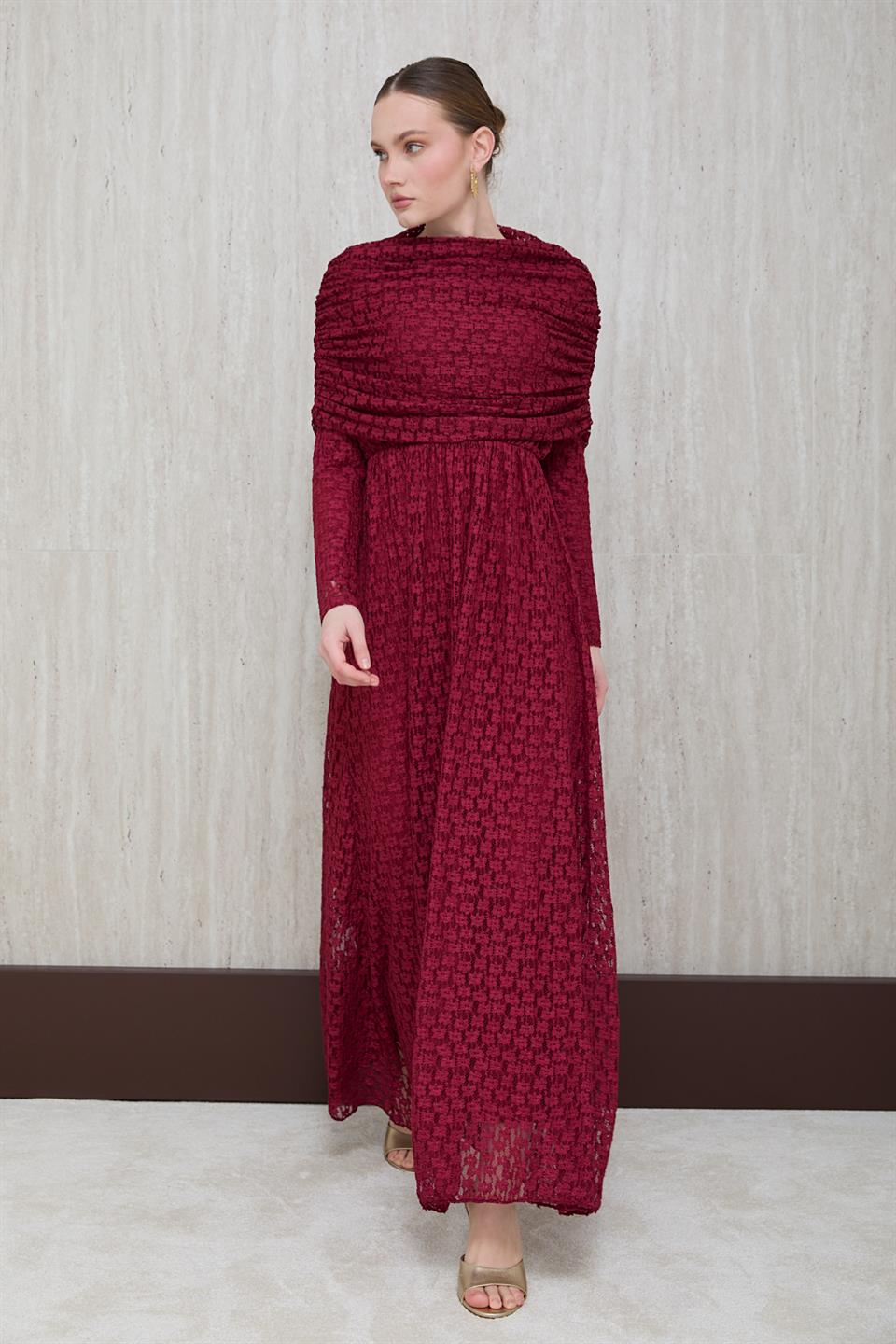 Aller Yakalı Dantel Elbise - Bordo
