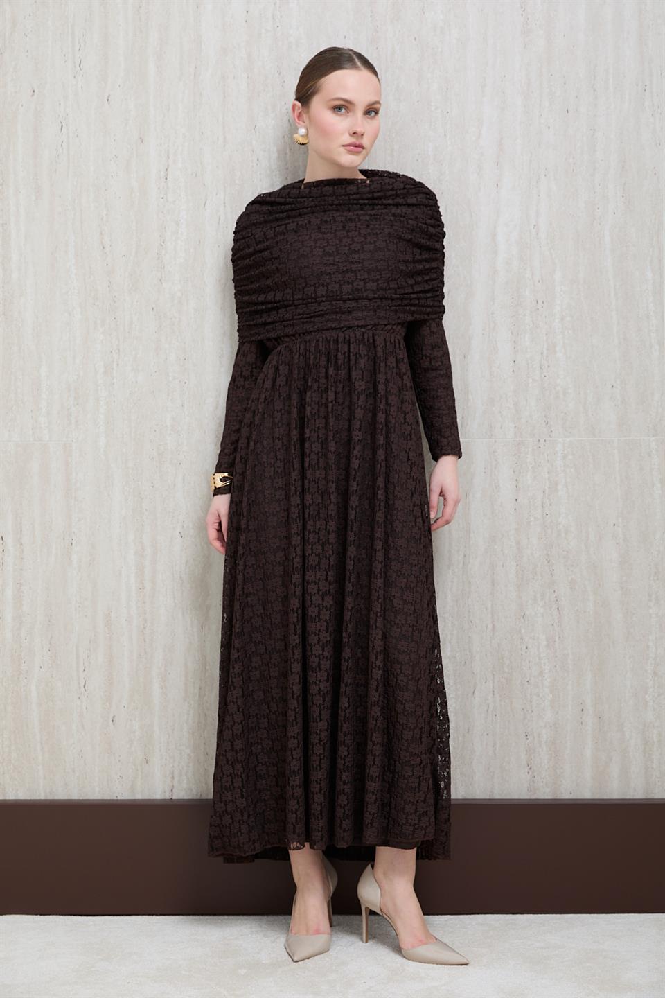 Aller Yakalı Dantel Elbise - Kahve