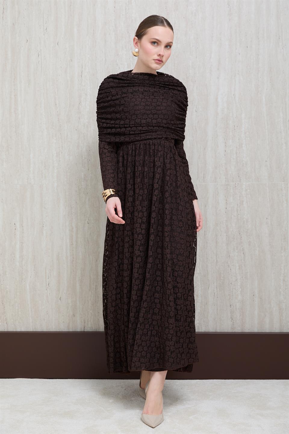 Aller Yakalı Dantel Elbise - Kahve