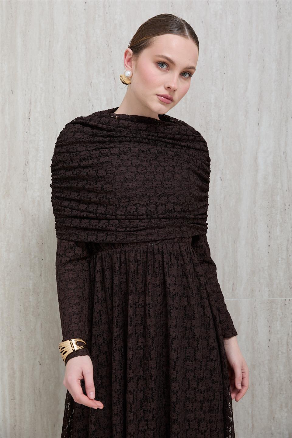 Aller Yakalı Dantel Elbise - Kahve