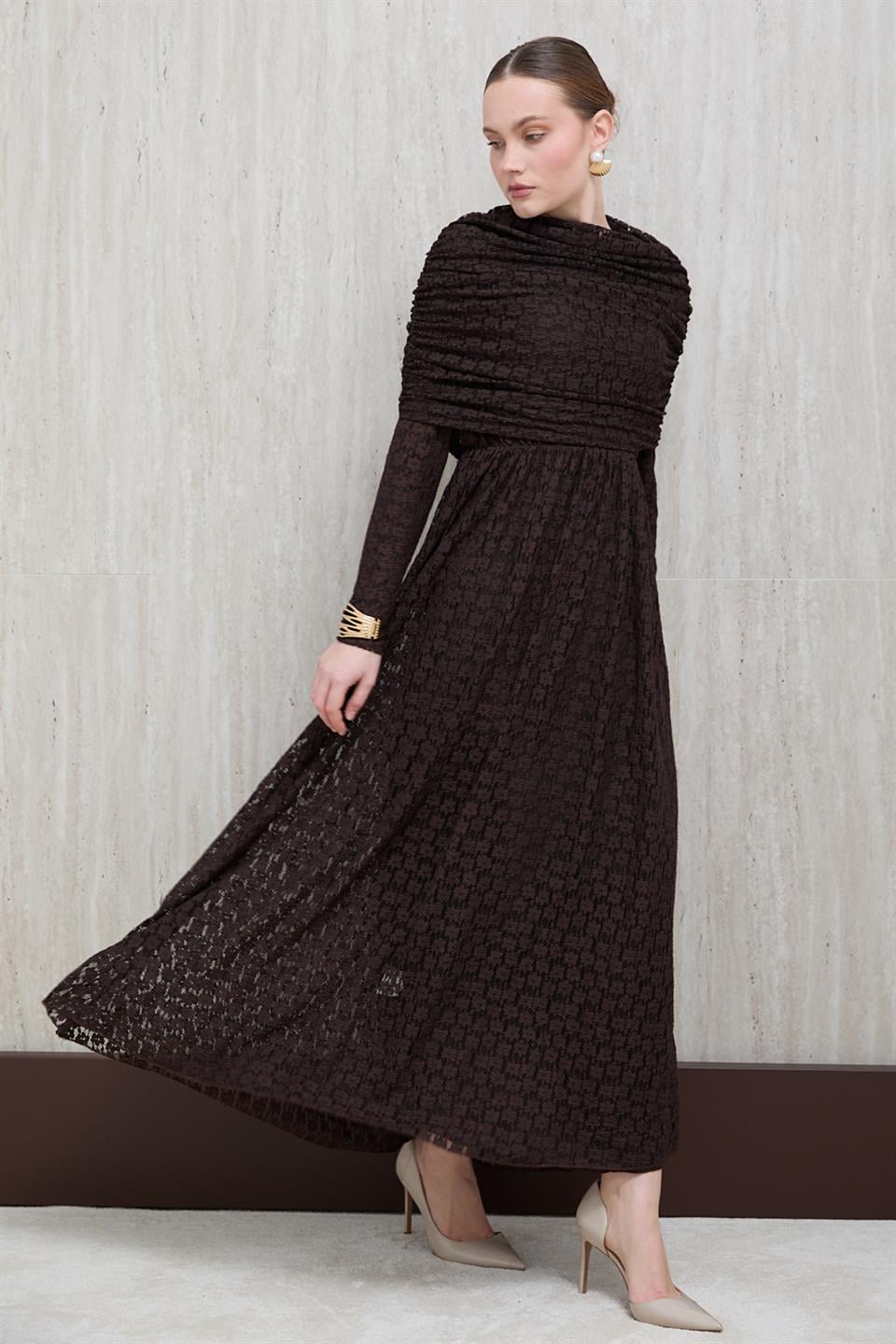 Aller Yakalı Dantel Elbise - Kahve