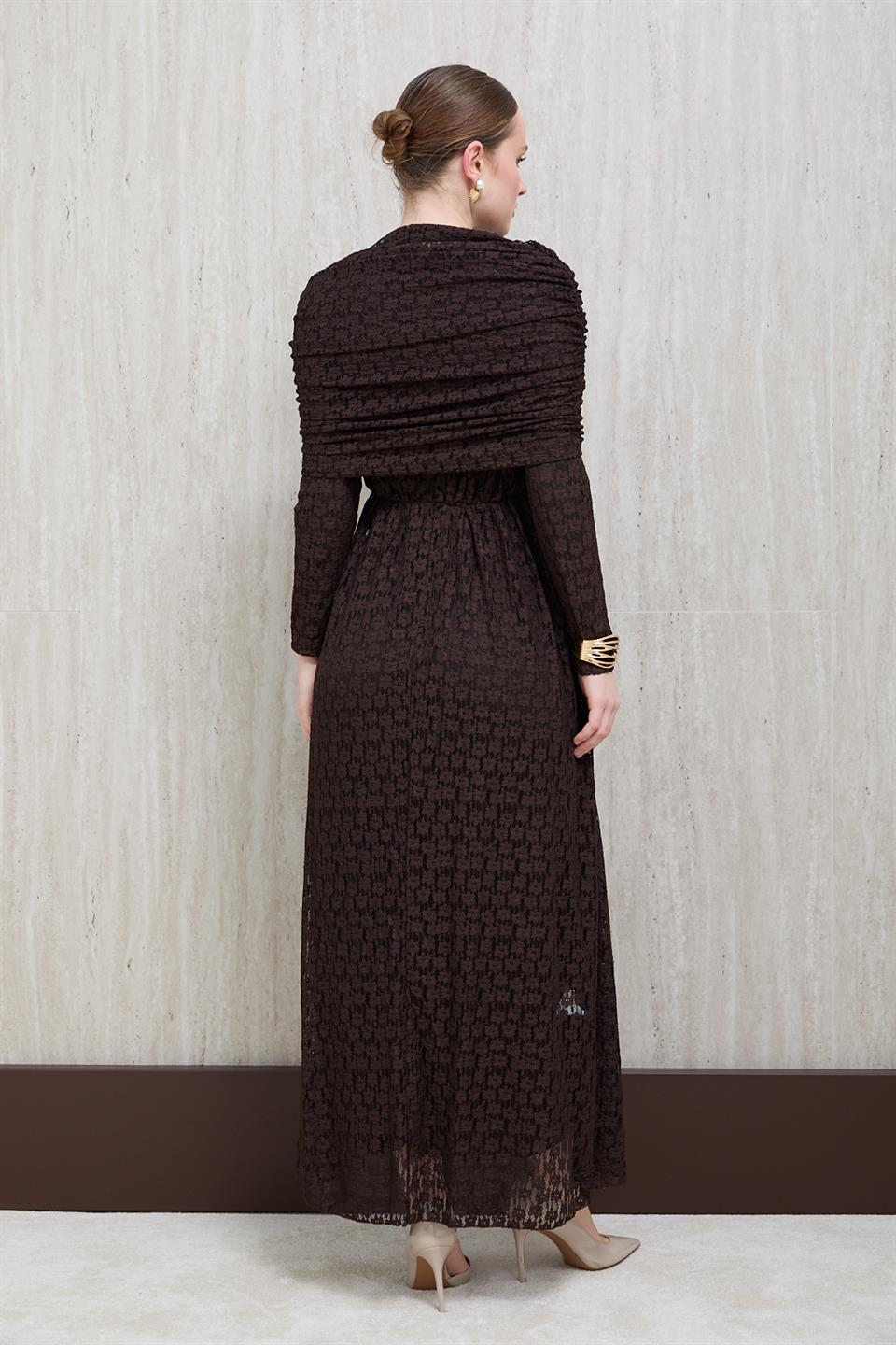 Aller Yakalı Dantel Elbise - Kahve