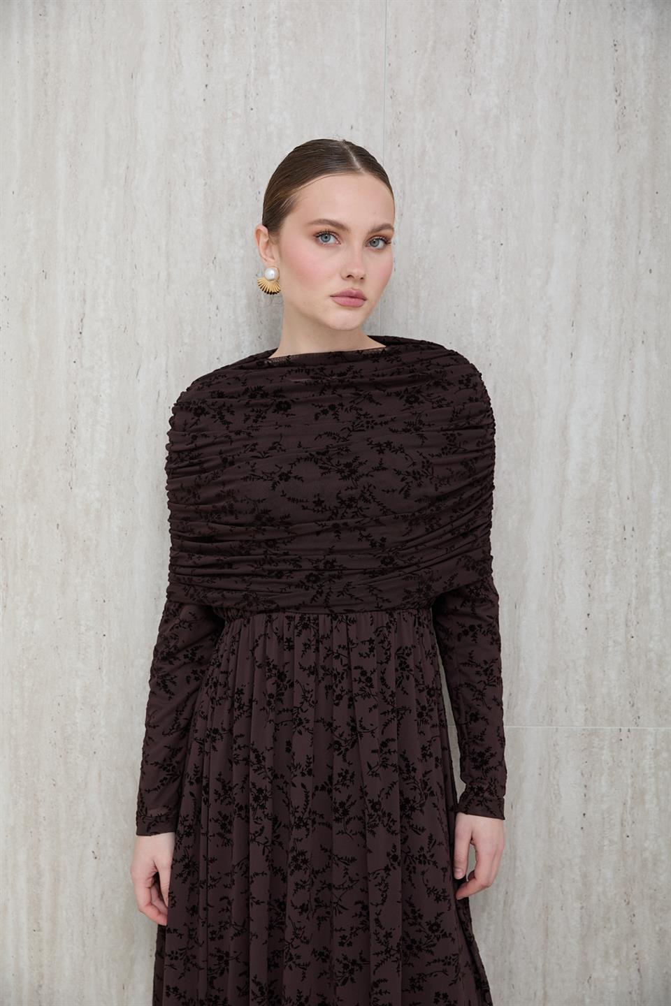 Aller Yakalı Dantel Elbise - Kahve