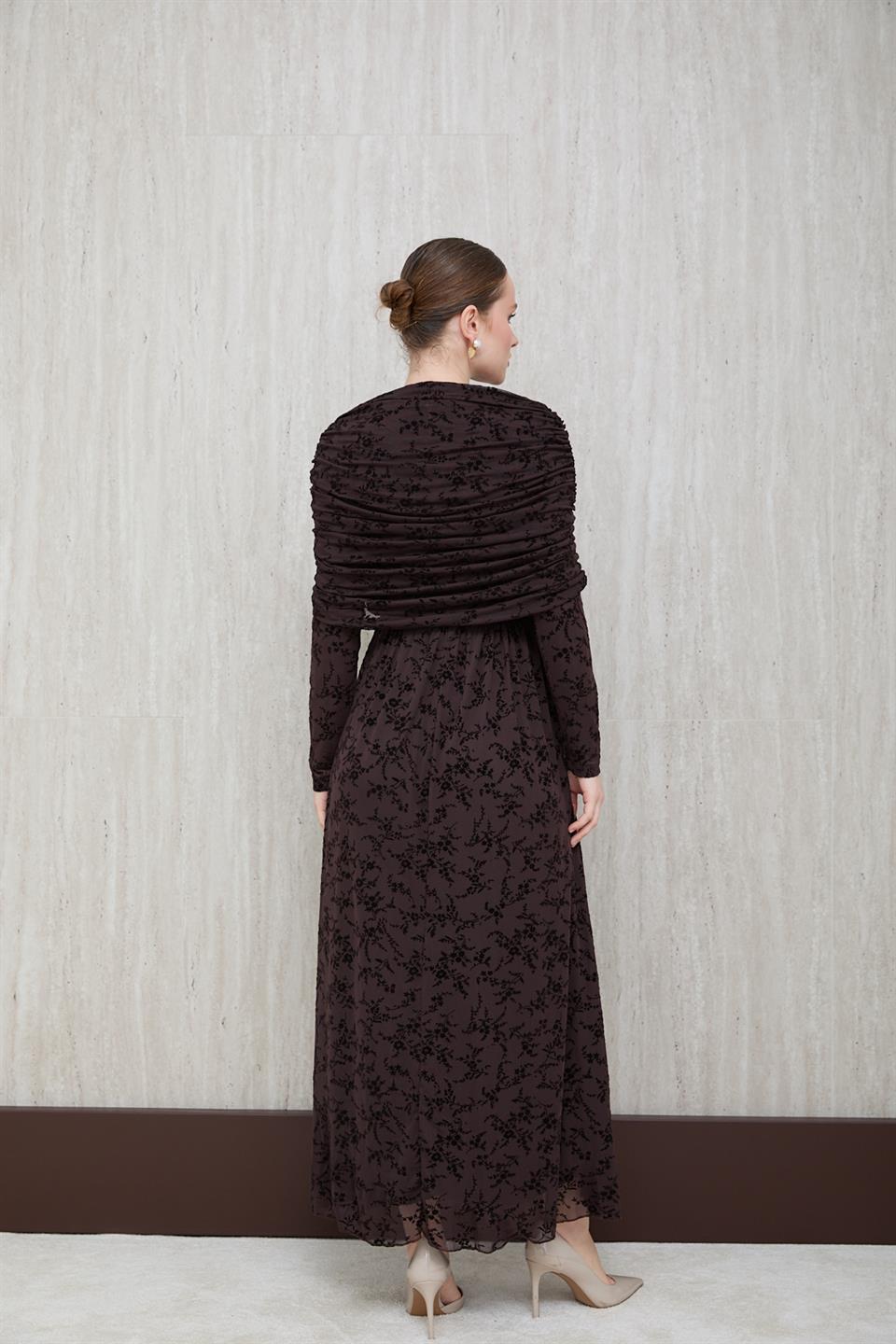 Aller Yakalı Dantel Elbise - Kahve