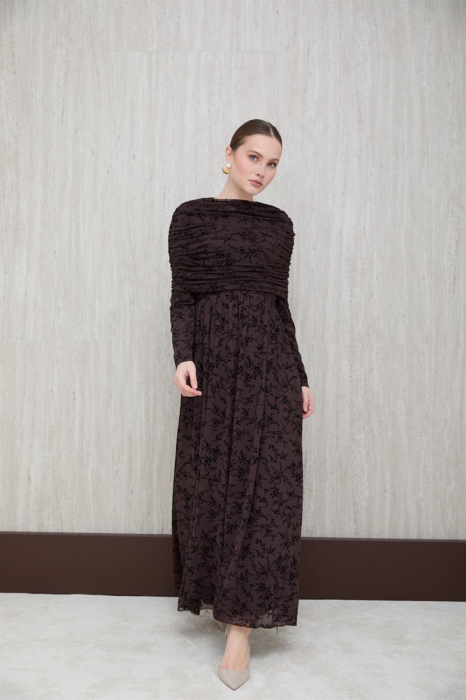 Aller Yakalı Dantel Elbise - Kahve