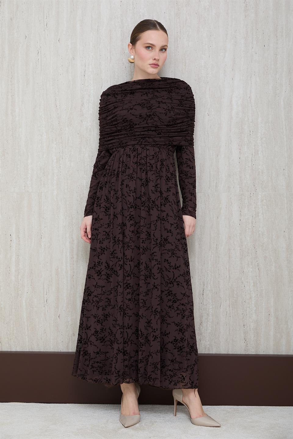 Aller Yakalı Dantel Elbise - Kahve