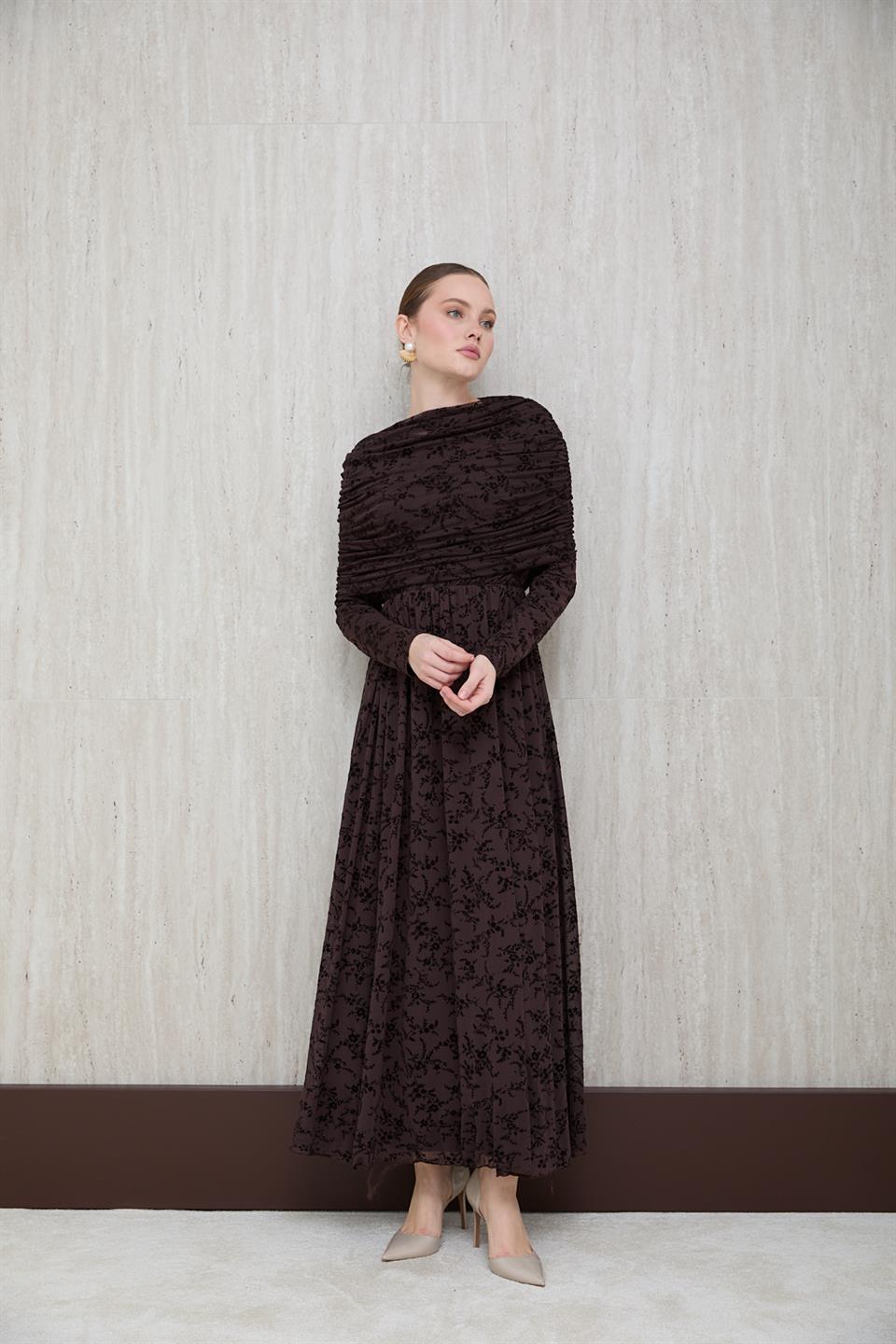 Aller Yakalı Dantel Elbise - Kahve