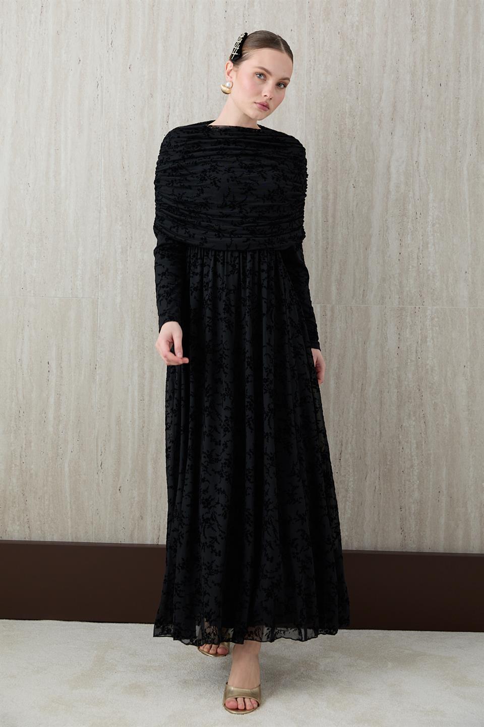 Aller Yakalı Dantel Elbise - Siyah