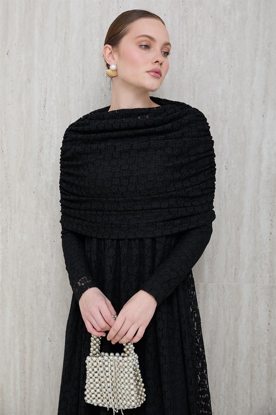 Aller Yakalı Dantel Elbise - Siyah