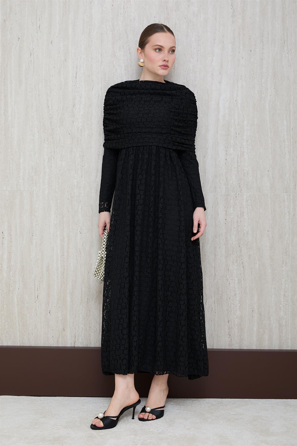 Aller Yakalı Dantel Elbise - Siyah