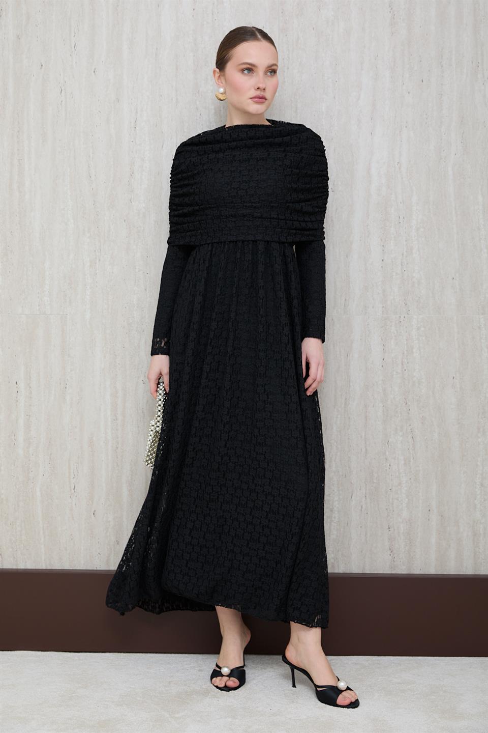 Aller Yakalı Dantel Elbise - Siyah