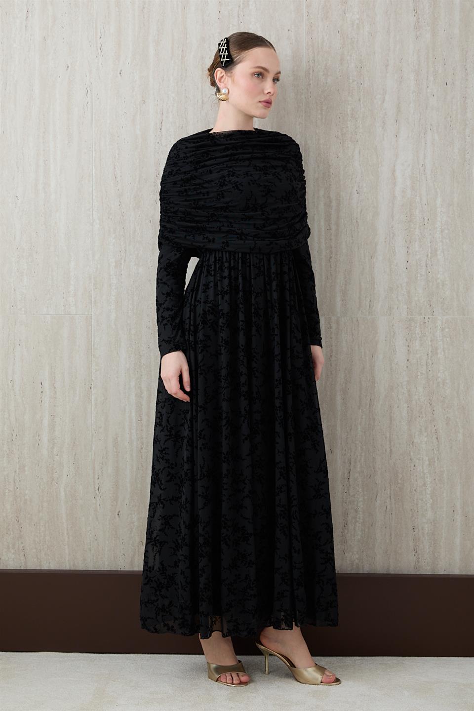 Aller Yakalı Dantel Elbise - Siyah