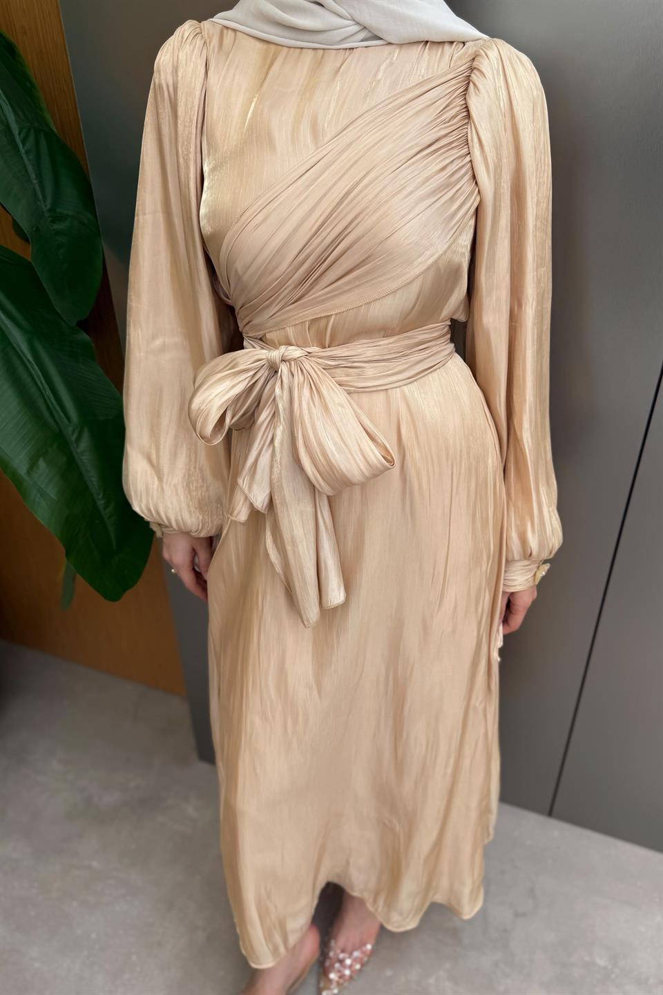 Asymmetrical Tie Satin Dress - Beige