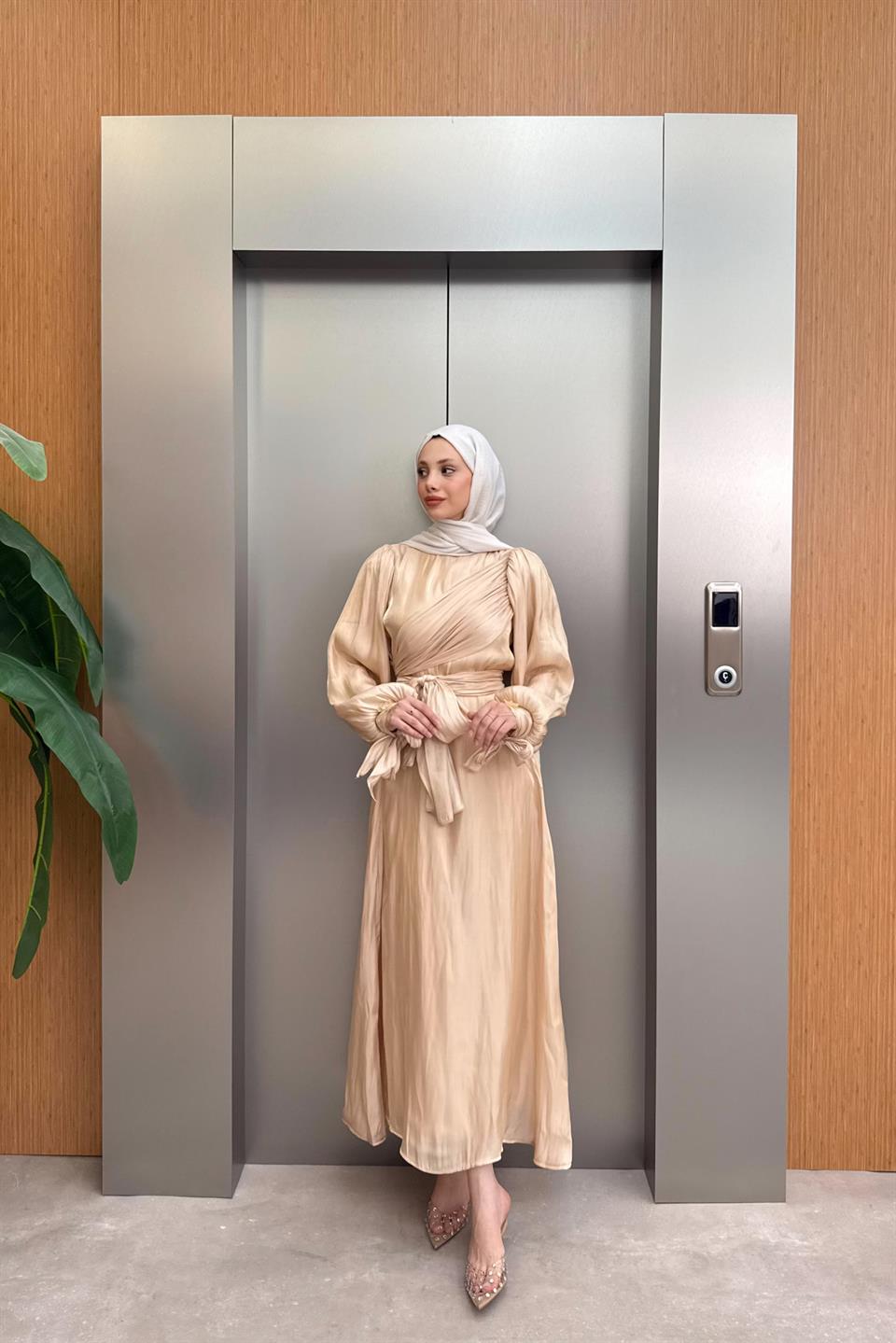 Asymmetrical Tie Satin Dress - Beige