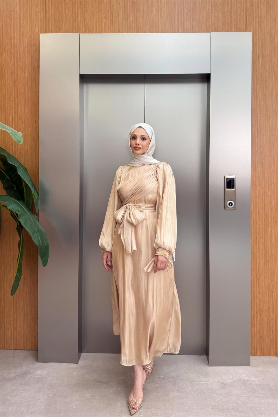 Asymmetrical Tie Satin Dress - Beige