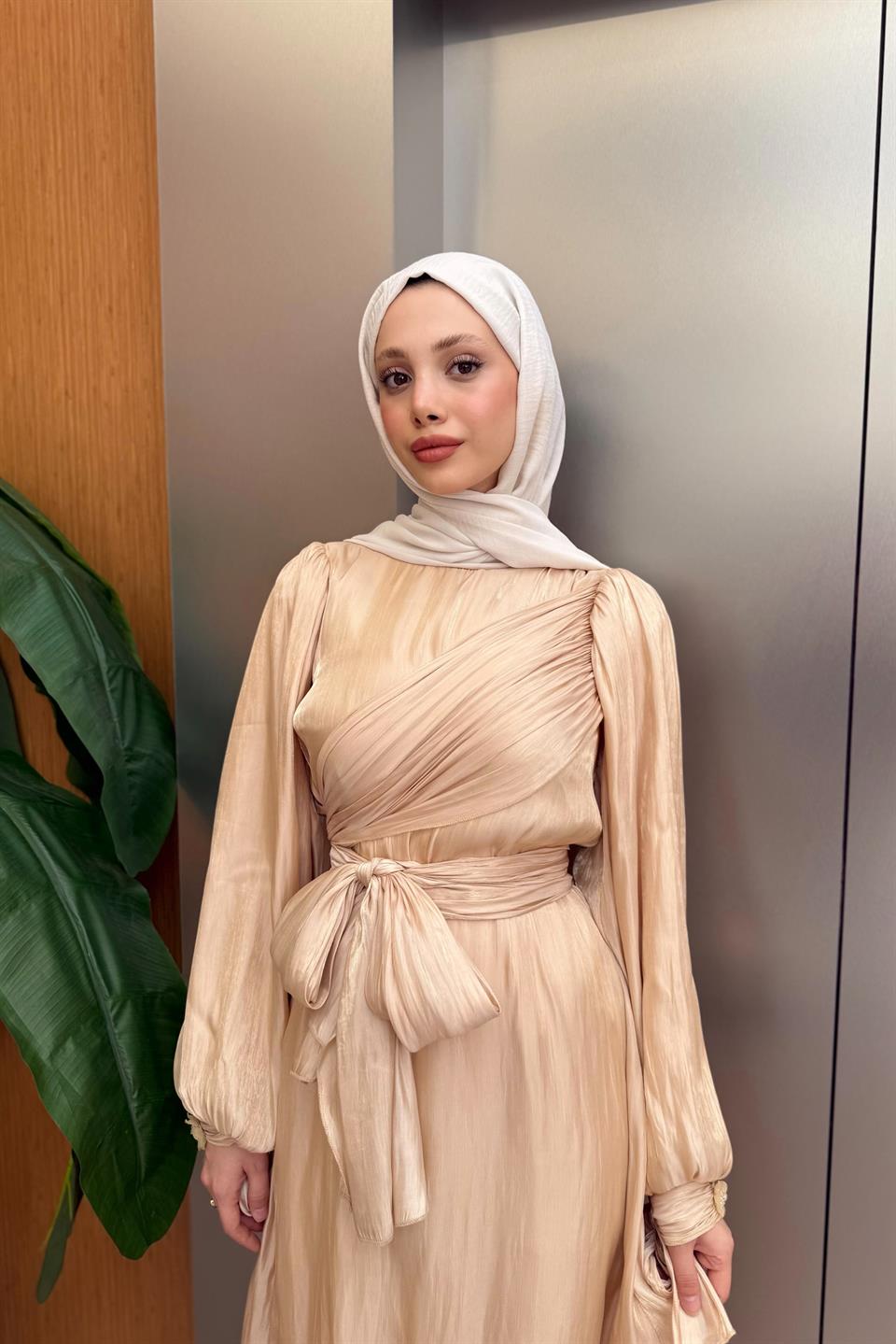 Asymmetrical Tie Satin Dress - Beige