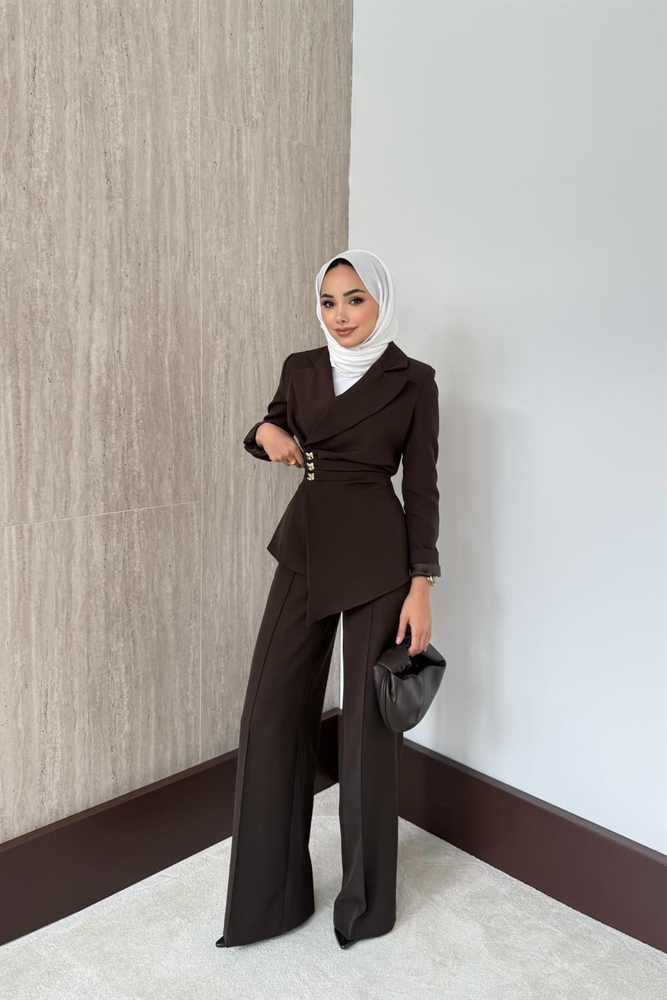Asimetrik Blazer Ceketli Takım - Kahve